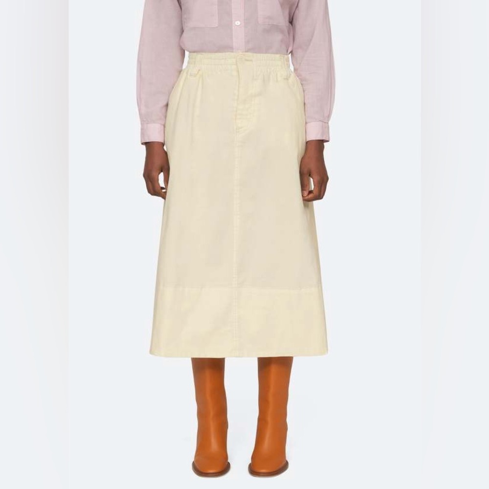 Sea NY L Butter Yellow Cotton Midi Skirt Elastic Waist Designer Boho Preppy Eco